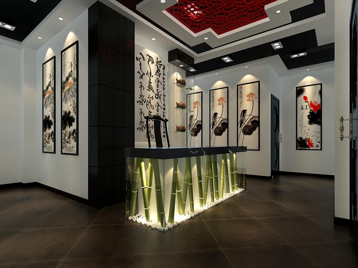 中式風格茶樓茶室背景掛畫裝修設計案例效果圖