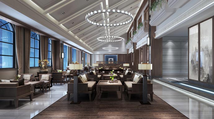 混搭風格茶樓茶室大廳裝修設計案例效果圖