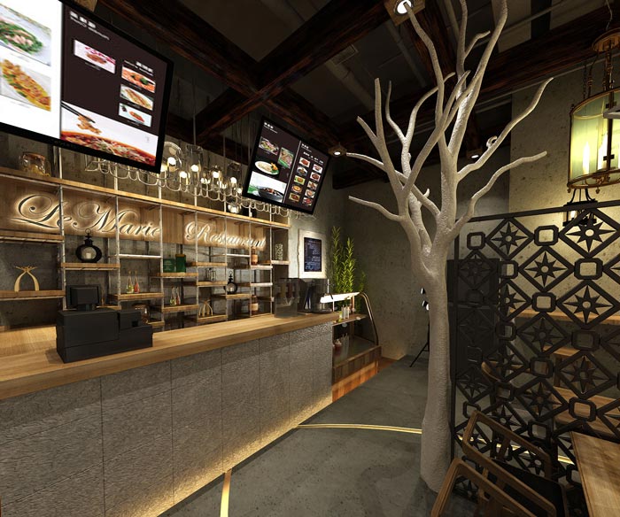 200平方原木餐廳前臺吧臺裝修設計效果圖