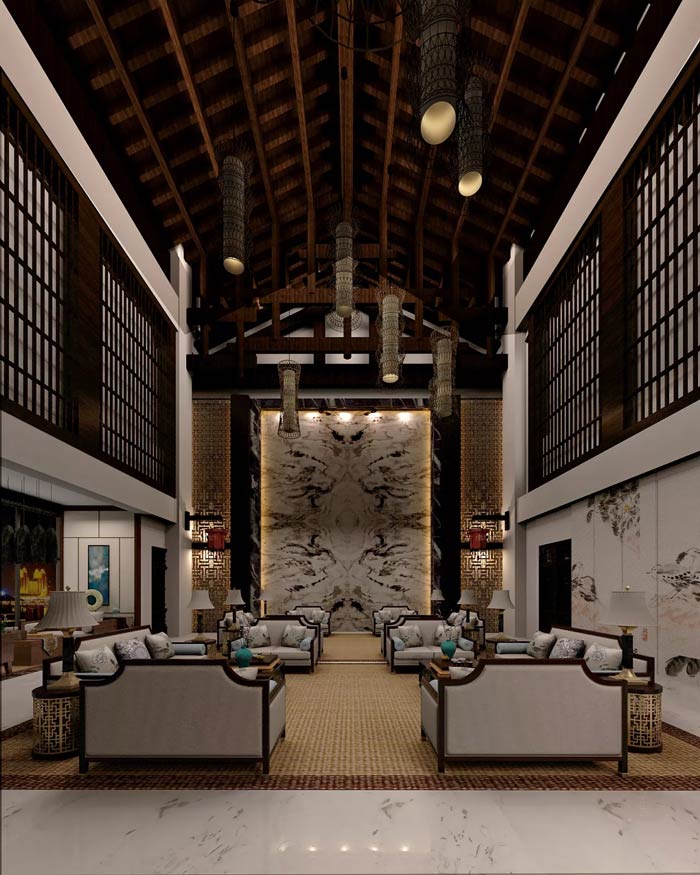 大型中式餐廳接待區(qū)裝修設(shè)計(jì)效果圖