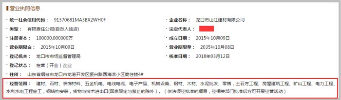 龍口市山江建材公司經營范圍截圖