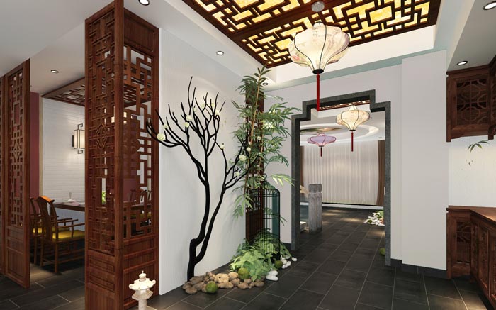 新中式川菜館二樓玄關裝修設計效果圖