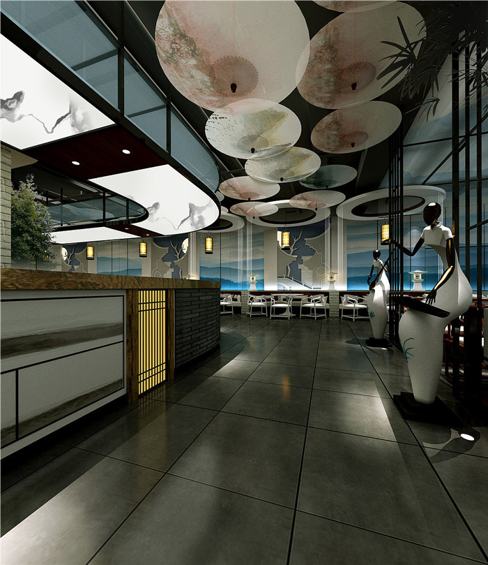 江南風情主題餐廳餐區(qū)裝修設計效果圖